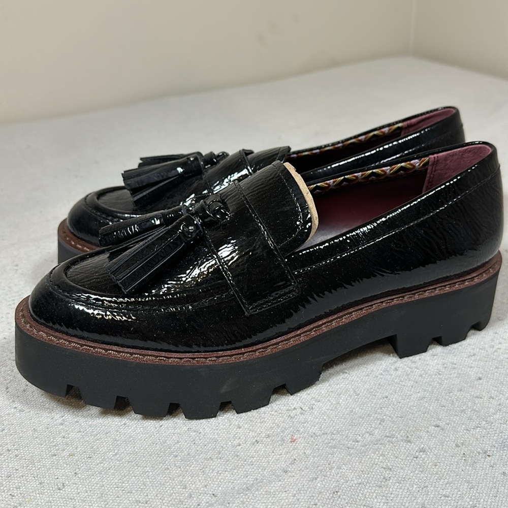 Franco Sarto Black Patent Tassel Lug Sole Loafers - Picture 6 of 13